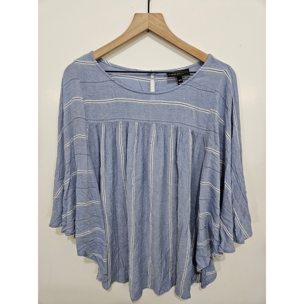 Lane Bryant 14/16 Blue Striped Babydoll Blouse Flowy Bell Sleeve Boho